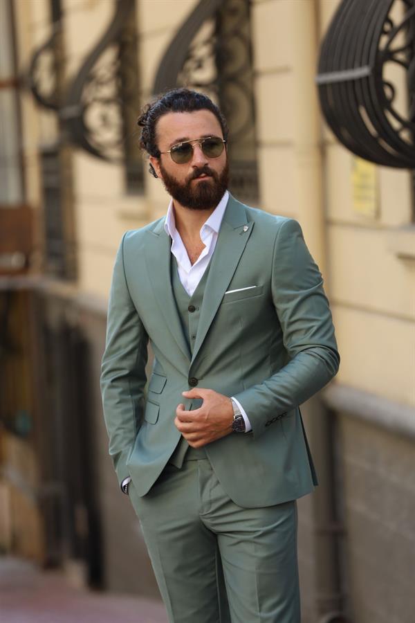 Erkek Takım Elbise Slim Fit Ceket Yelek Pantolon - Su Yeşili