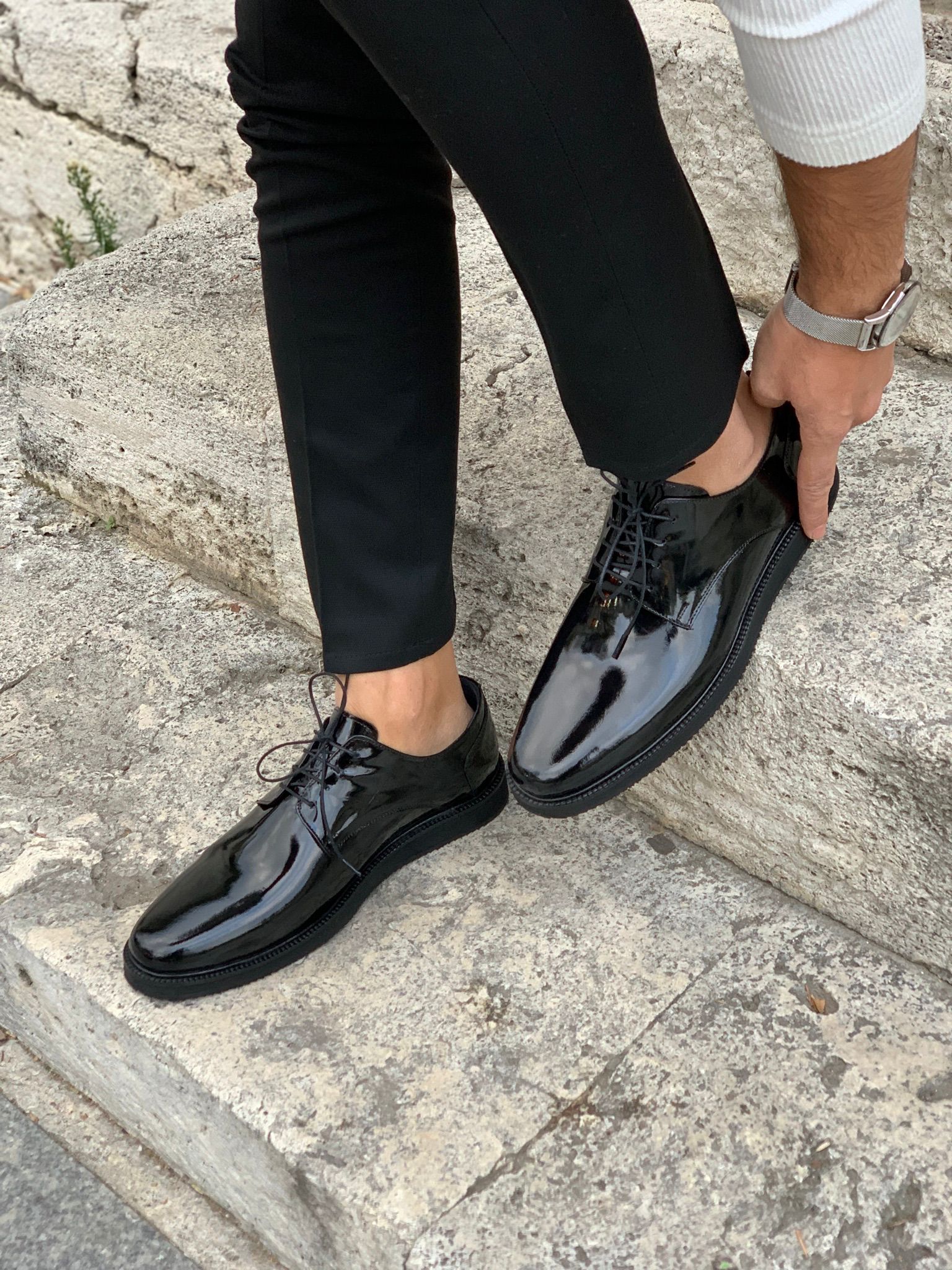 Eva Taban Bağcıklı Ayakkabı - Siyah Rugan