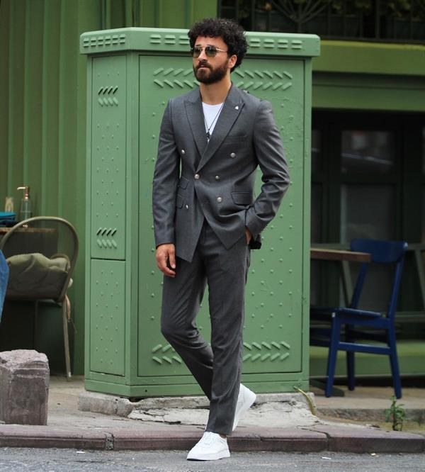 İtalyan Stil Kruvaze Takım Elbise Ceket Pantolon - Gri
