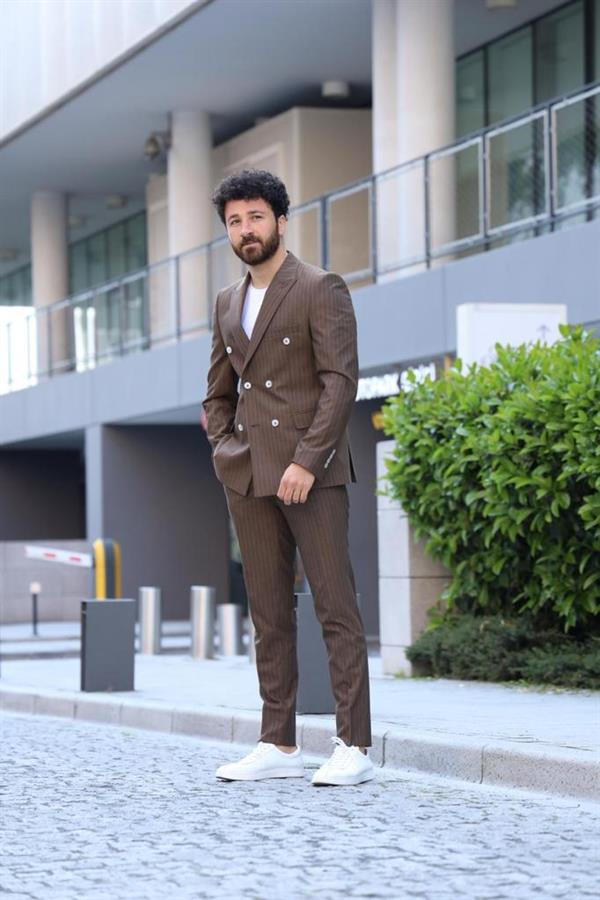 İtalyan Stil Kruvaze Takım Elbise Ceket Pantolon - Açık Kahve