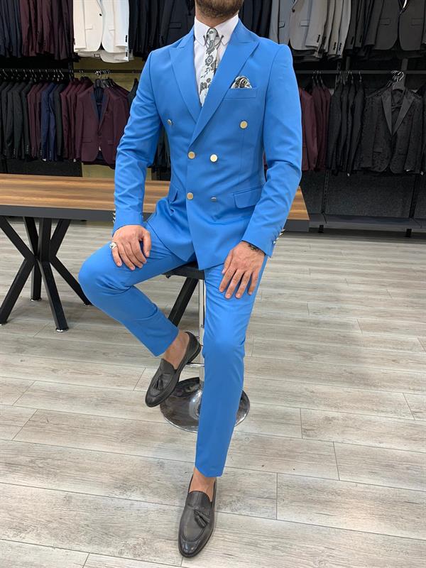 İtalyan Stil Kruvaze Takım Elbise Ceket Pantolon - Mavi