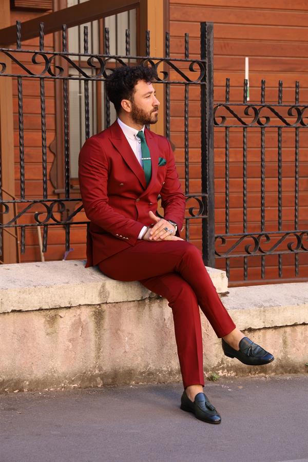 İtalyan Stil Kruvaze Takım Elbise Ceket Pantolon - Bordo