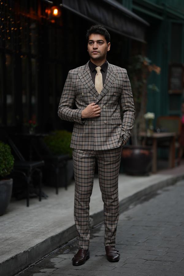İtalyan Stil  Kruvaze Takım Elbise Ceket Pantolon - Kahve