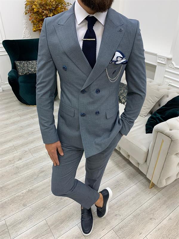 İtalyan Stil Kruvaze Takım Elbise Ceket Pantolon - Bebe Mavisi