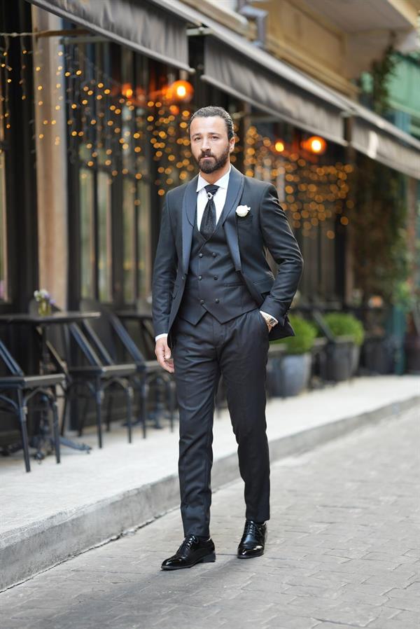 İtalyan Stil Smokin Ceket Yelek Pantolon Kravat - Siyah
