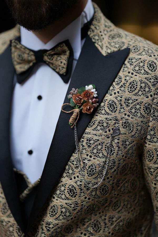 İtalyan Stil Smokin Ceket Yelek Pantolon Papyon - Sarı