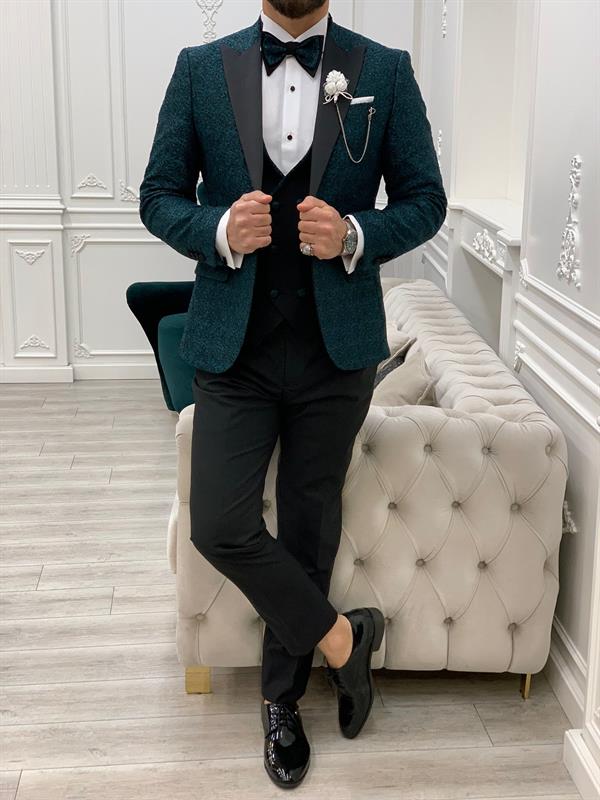 İtalyan Stil Smokin Ceket Yelek Pantolon Papyon - Yeşil