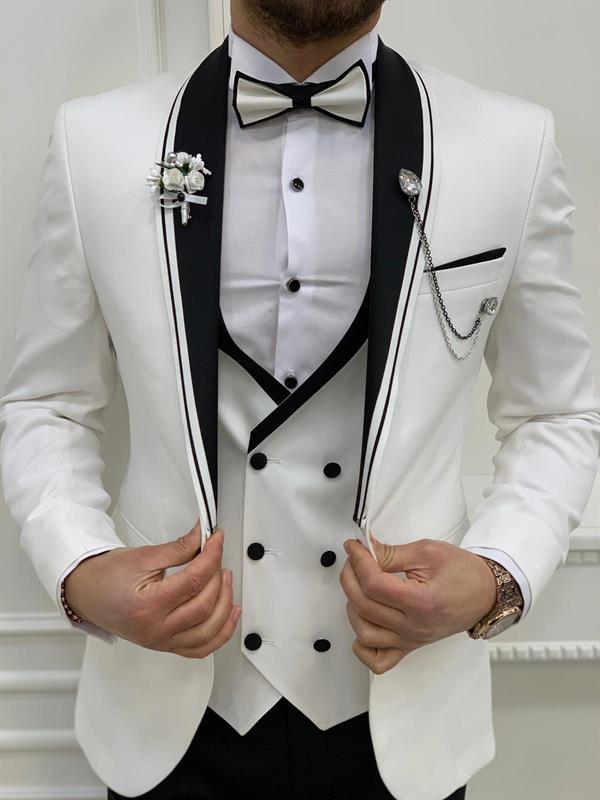 İtalyan Stil Smokin Ceket Yelek Pantolon Papyon - Beyaz