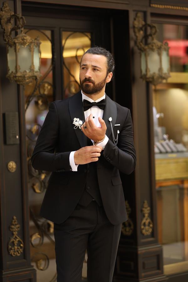 İtalyan Stil Smokin Ceket Yelek Pantolon Papyon - Siyah