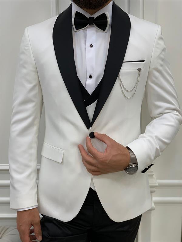 İtalyan Stil Smokin Ceket Yelek Pantolon Papyon - Beyaz
