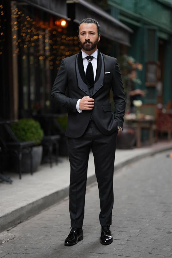 İtalyan Stil Smokin Ceket Yelek Pantolon Kravat - Siyah