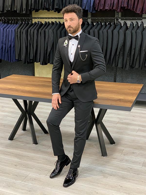 İtalyan Stil Smokin Ceket Yelek Pantolon Papyon - Siyah