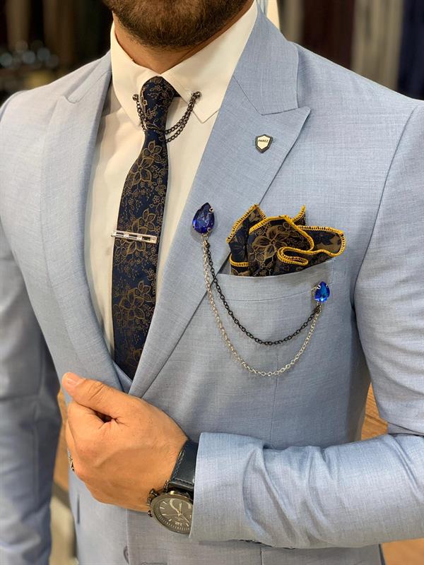 İtalyan Stil Takım Elbise Ceket Yelek Pantolon - Mavi