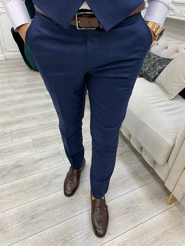 İtalyan Stil Takım Elbise Ceket Yelek Pantolon - Lacivert