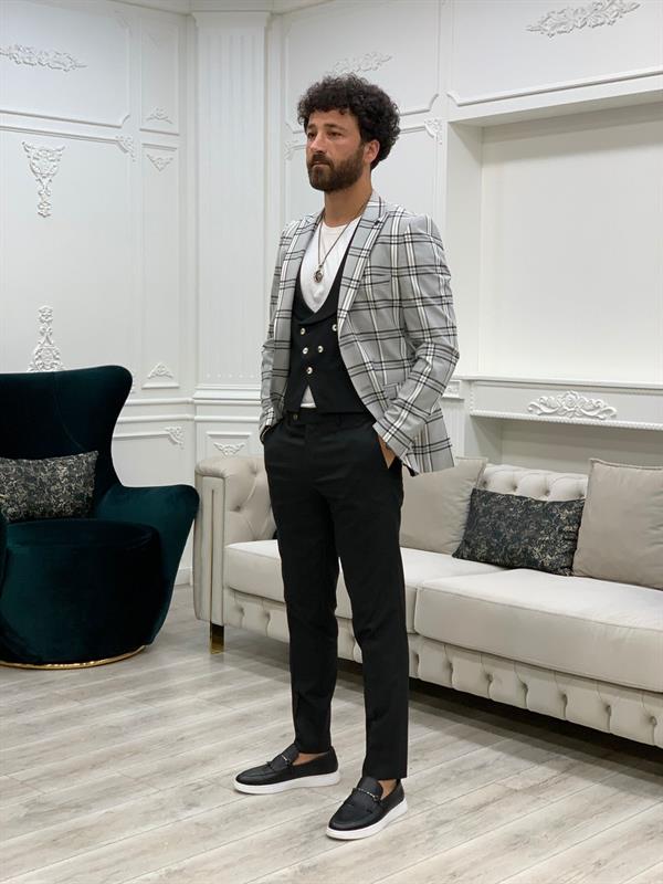 İtalyan Stil Takım Elbise Ceket Yelek Pantolon - Gri