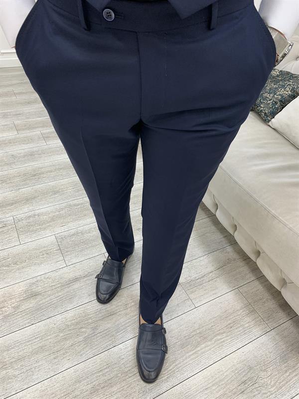 İtalyan Stil Takım Elbise Ceket Yelek Pantolon - Koyu Lacivert