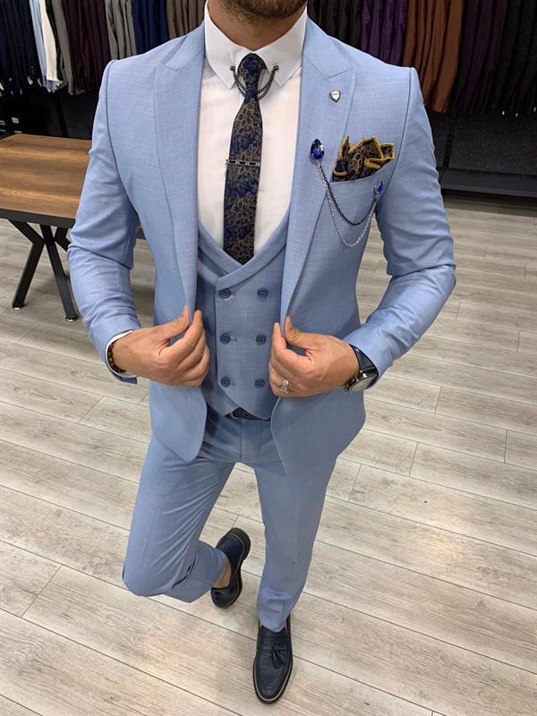 İtalyan Stil Takım Elbise Ceket Yelek Pantolon - Mavi