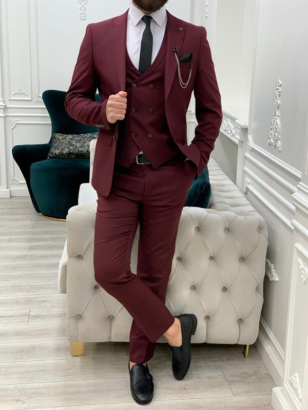 İtalyan Stil Takım Elbise Ceket Yelek Pantolon - Bordo