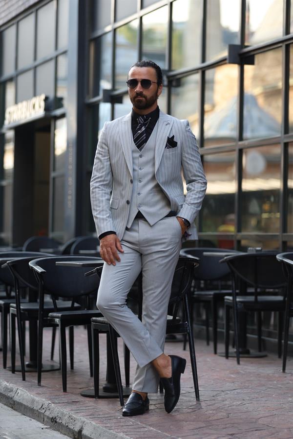 Slim Fit  Takım Elbise Ceket Yelek Pantolon - Açık gri