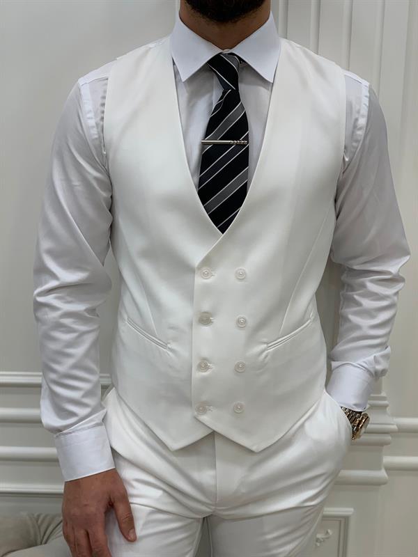 Slim Fit Takım Elbise Ceket Yelek Pantolon - Beyaz