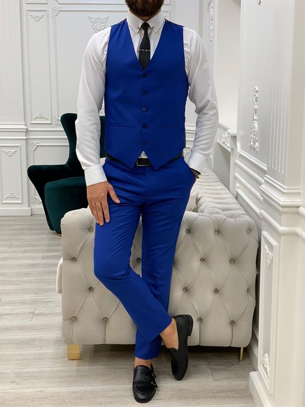 Slim Fit  Takım Elbise Ceket Yelek Pantolon - Saks Mavisi