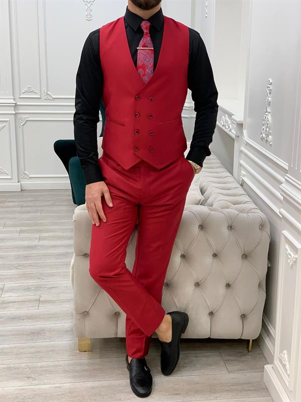 Slim Fit Takım Elbise Ceket Yelek Pantolon - Kırmızı
