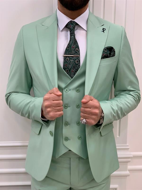 Slim Fit Takım Elbise Ceket Yelek Pantolon - Su Yeşili
