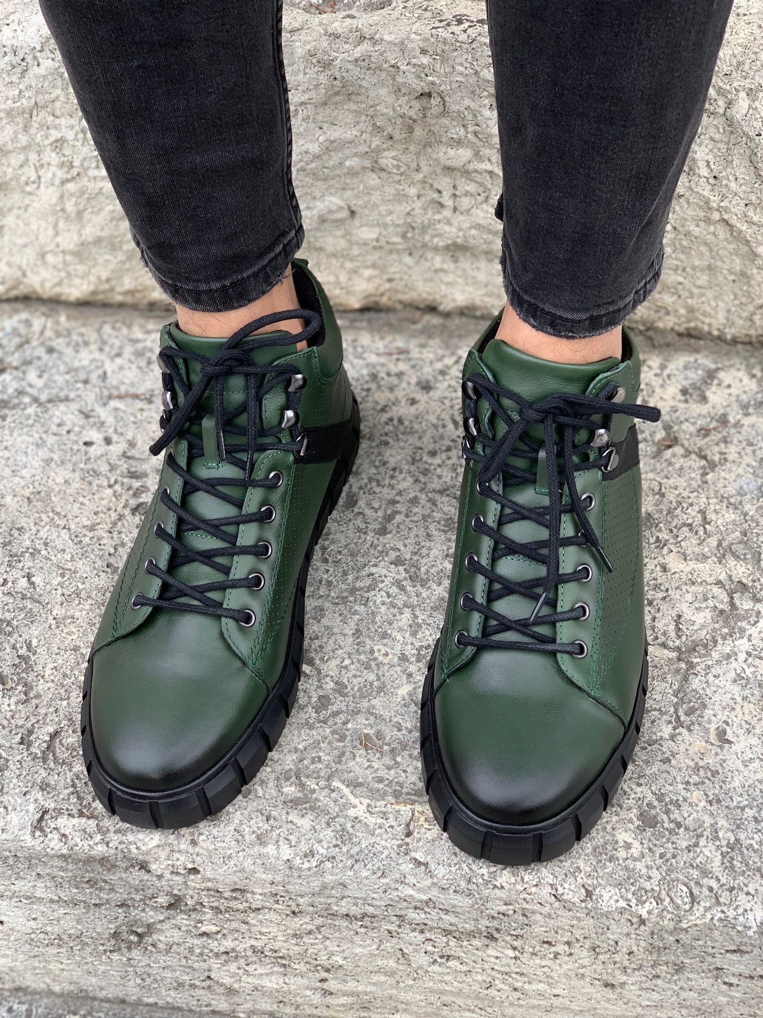 Bağcıklı Naturel Hakiki Deri Bot Ayakkabı - Yeşil
