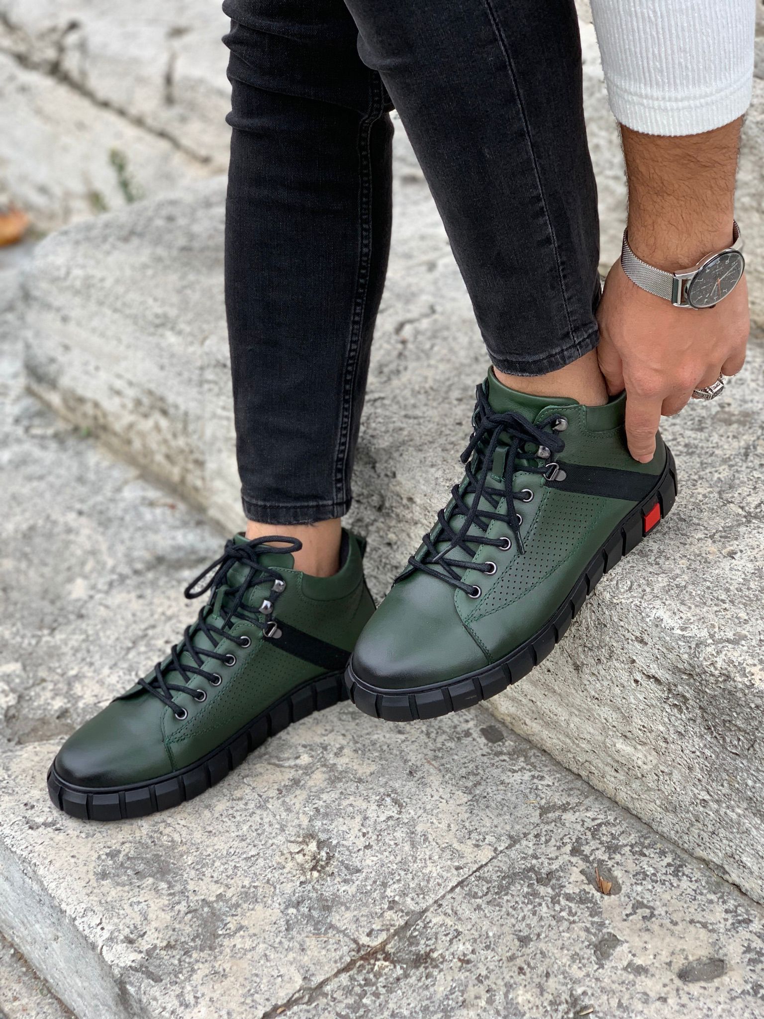 Bağcıklı Naturel Hakiki Deri Bot Ayakkabı - Yeşil