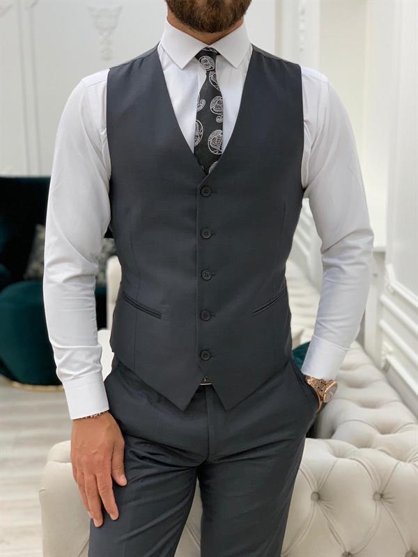 Erkek Takım Elbise Slim Fit Ceket Yelek Pantolon - Füme