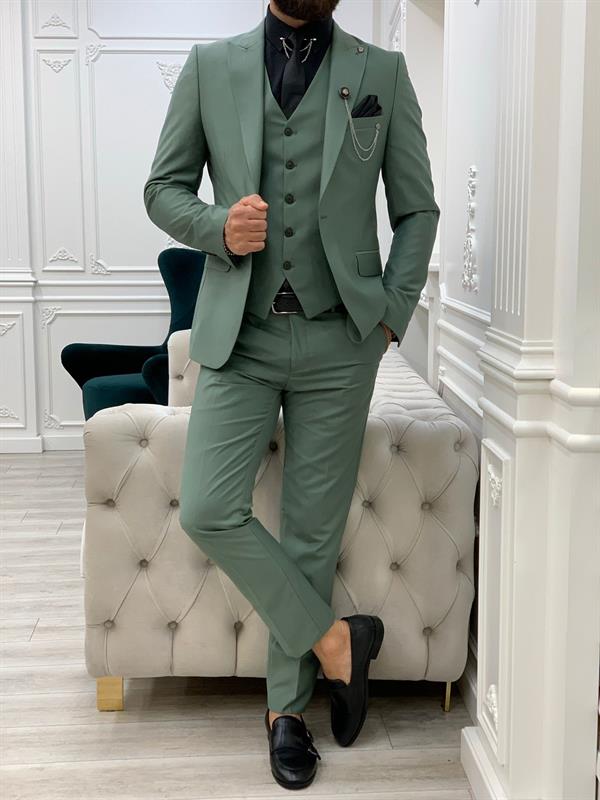 Erkek Takım Elbise Slim Fit Ceket Yelek Pantolon - Su Yeşili