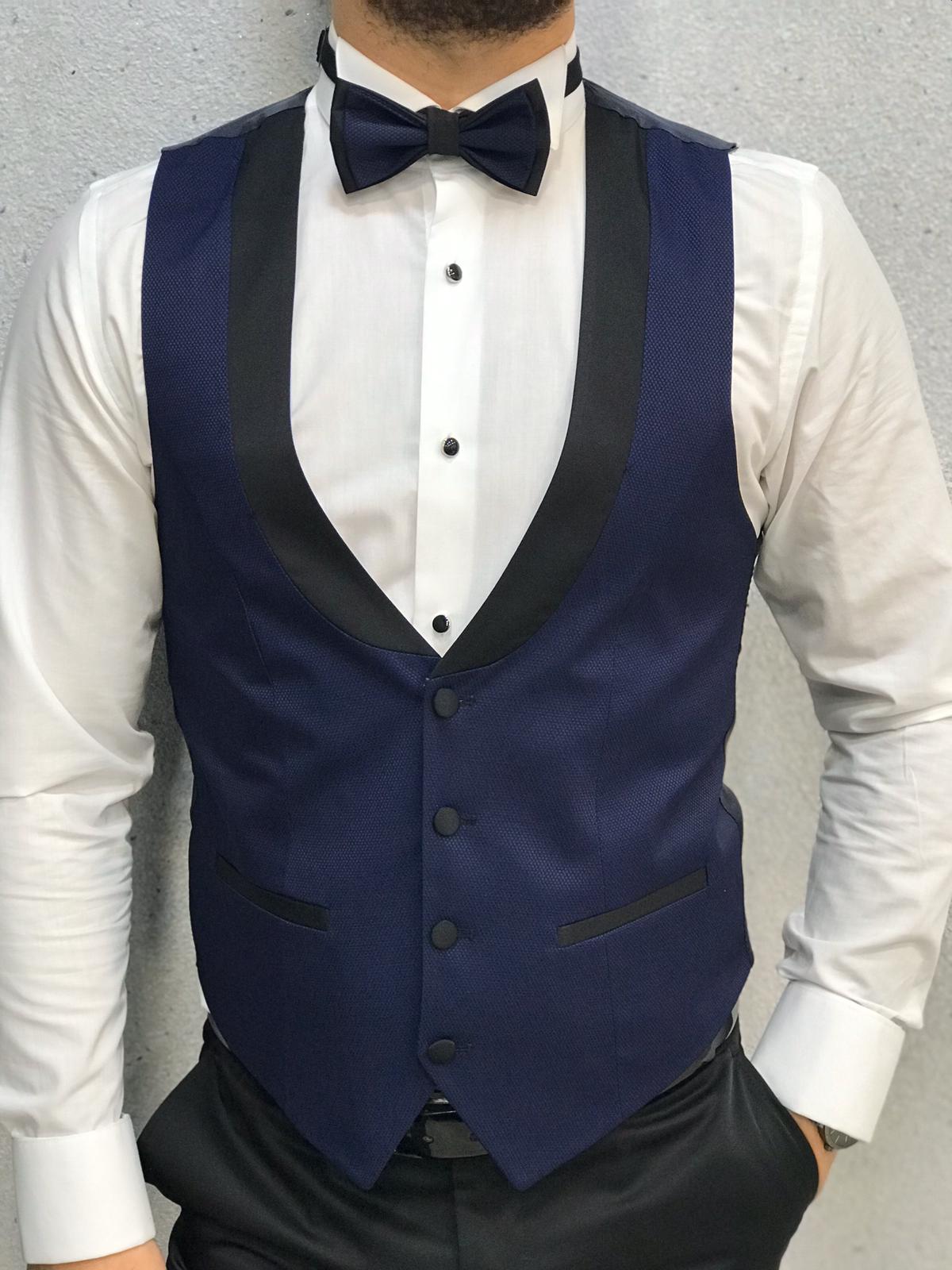 İtalyan Kesim Smokin Ceket Yelek Pantolon - Lacivert