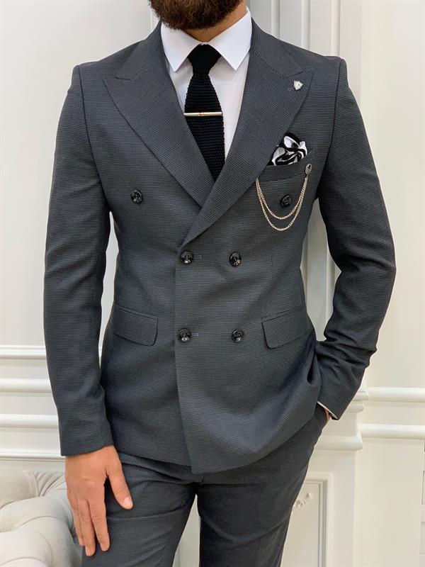 İtalyan Stil Kruvaze Takım Elbise Ceket Pantolon - Antrasit
