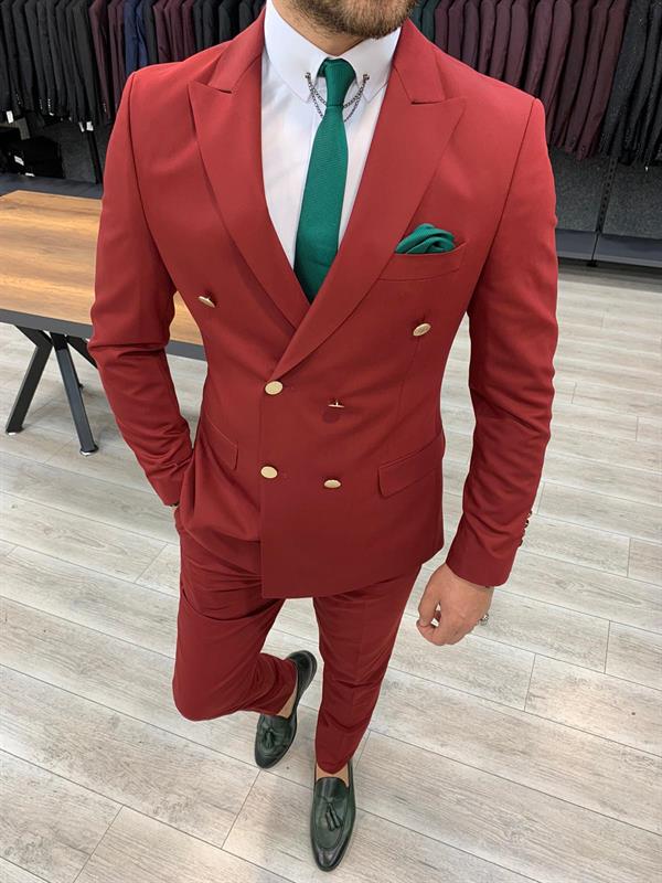 İtalyan Stil Kruvaze Takım Elbise Ceket Pantolon - Bordo