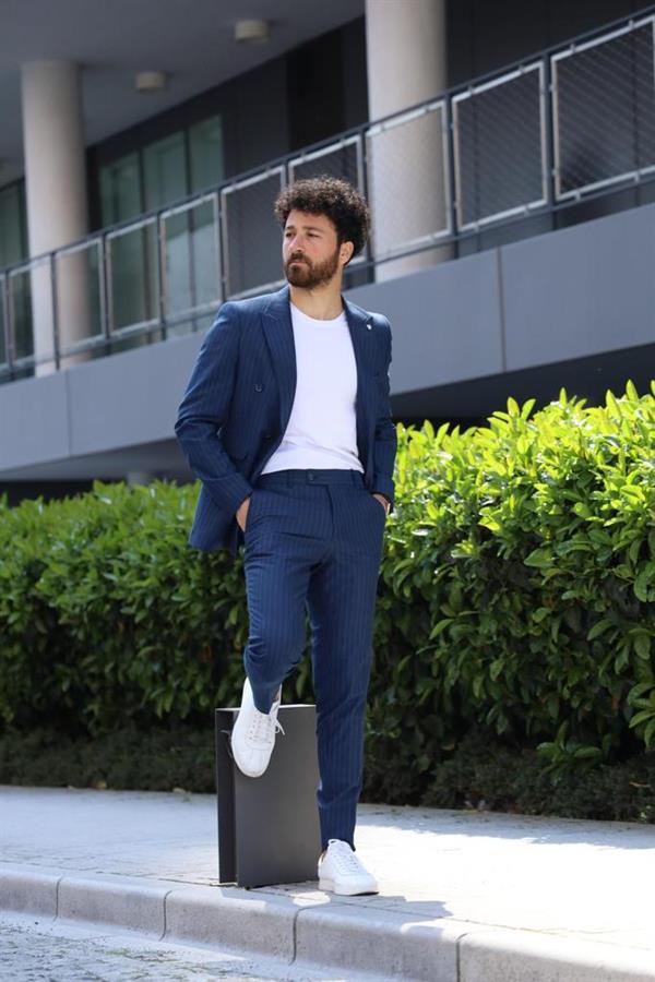 İtalyan Stil Kruvaze Takım Elbise Ceket Pantolon - Lacivert