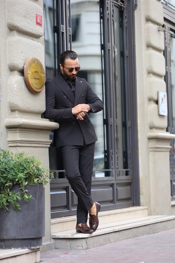 İtalyan Stil  Kruvaze Takım Elbise Ceket Pantolon - Acı Kahve