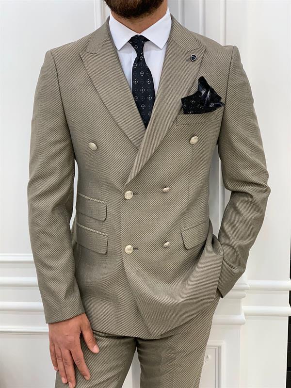 İtalyan Stil Kruvaze Takım Elbise Ceket Pantolon - Krem