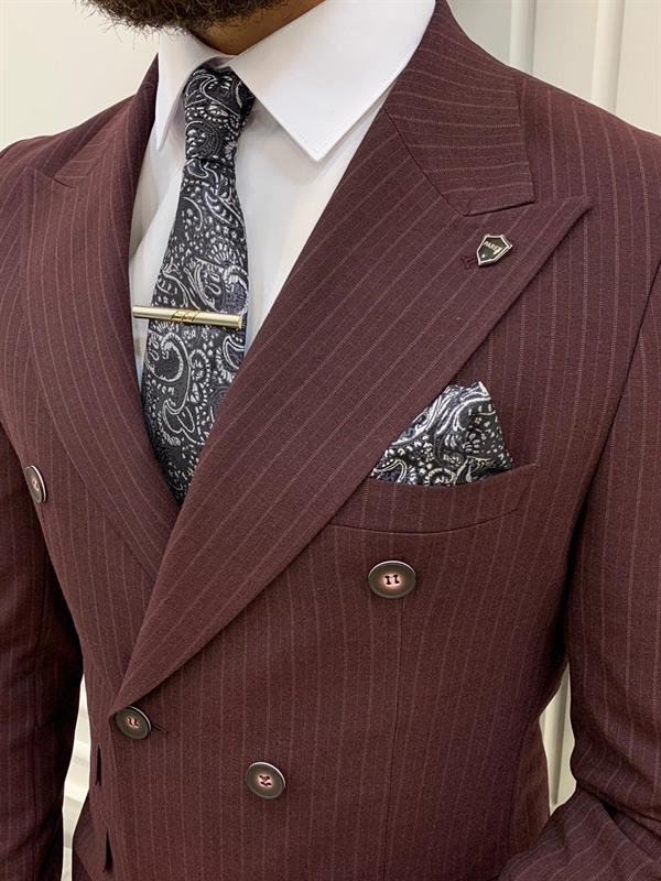 İtalyan Stil  Kruvaze Takım Elbise Ceket Pantolon - Bordo