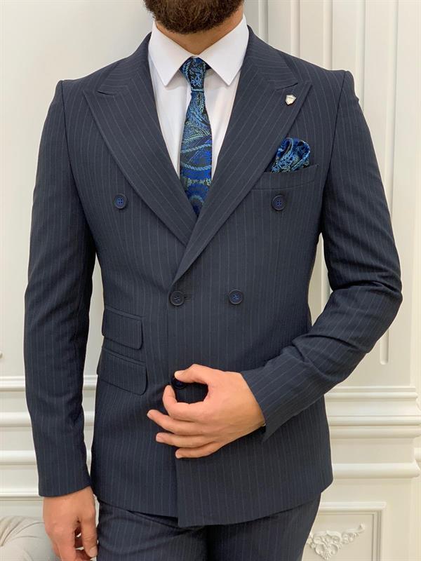 İtalyan Stil Kruvaze Takım Elbise Ceket Pantolon - Lacivert