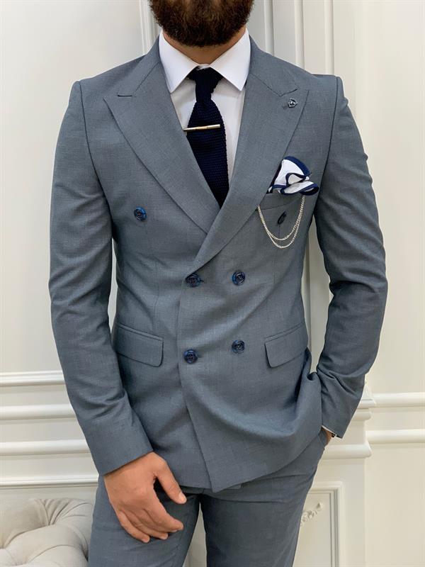 İtalyan Stil Kruvaze Takım Elbise Ceket Pantolon - Bebe Mavisi