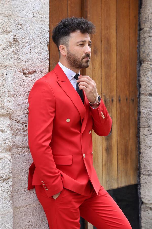 İtalyan Stil Kruvaze Takım Elbise Ceket Pantolon - Kırmızı