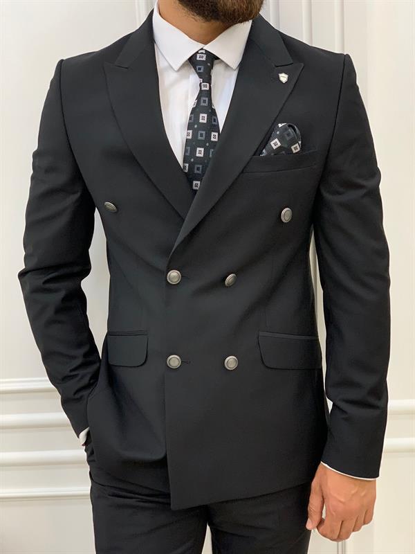 İtalyan Stil Kruvaze Takım Elbise Ceket Pantolon - Siyah