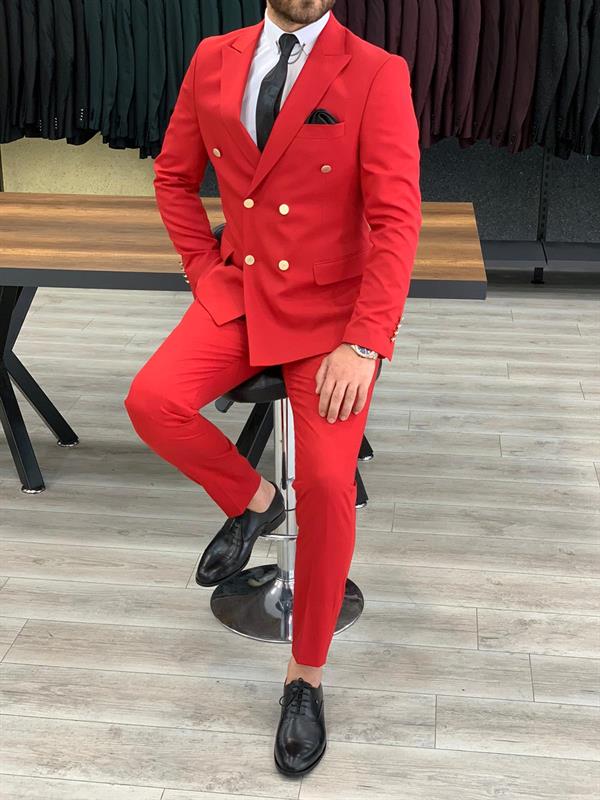 İtalyan Stil Kruvaze Takım Elbise Ceket Pantolon - Kırmızı