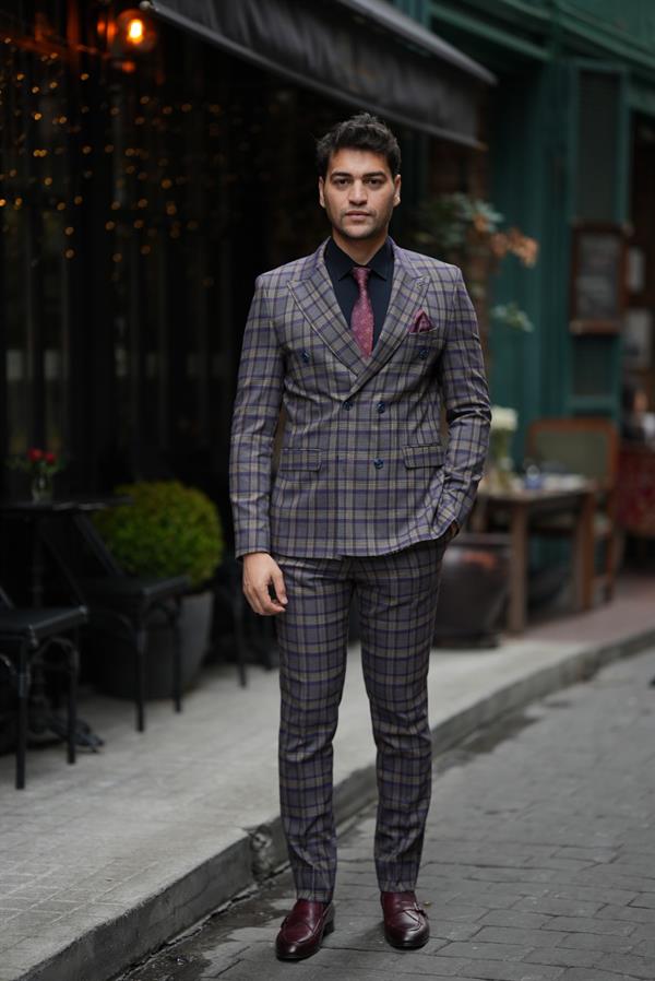 İtalyan Stil  Kruvaze Takım Elbise Ceket Pantolon - Mor