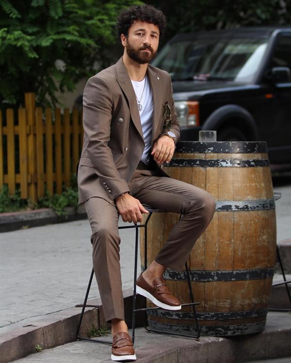 İtalyan Stil Kruvaze Takım Elbise Ceket Pantolon - Kahve