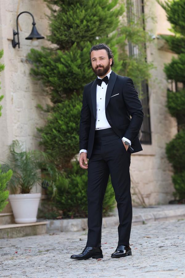 İtalyan Stil Smokin Ceket Kuşak Pantolon Papyon - Siyah