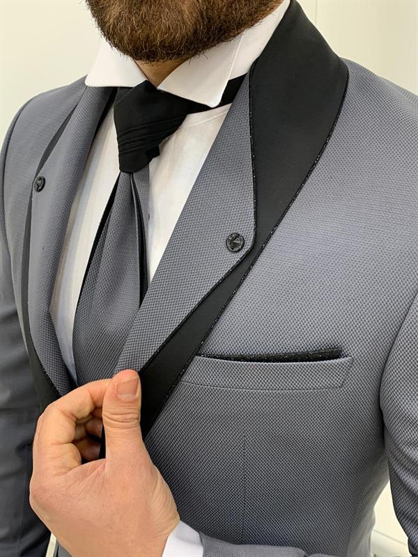 İtalyan Stil Smokin Ceket Yelek Pantolon Kravat - Gri