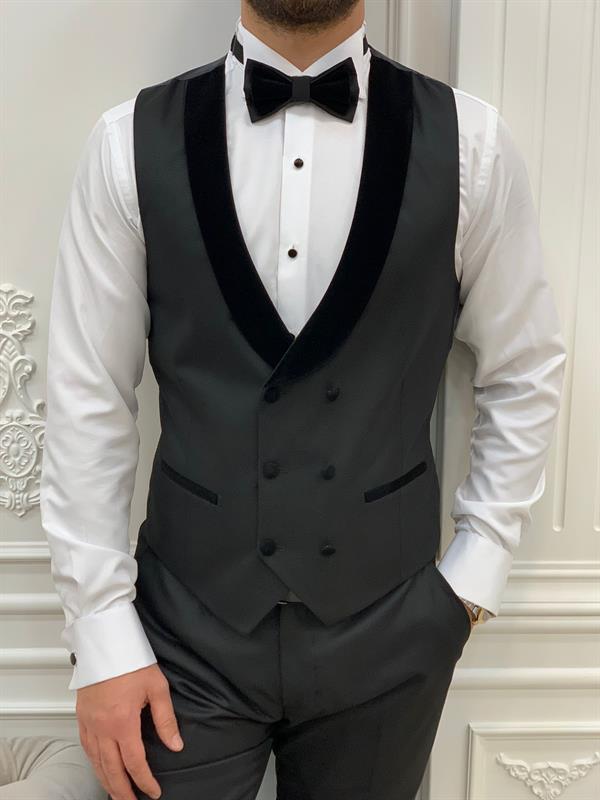 İtalyan Stil Smokin Ceket Yelek Pantolon Papyon - Siyah