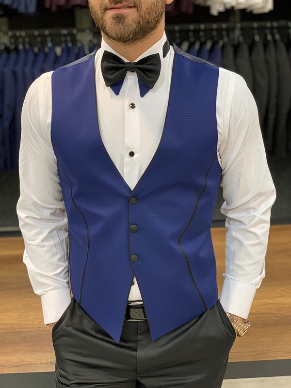 İtalyan Stil Smokin Ceket Yelek Pantolon Papyon - Saks Mavisi