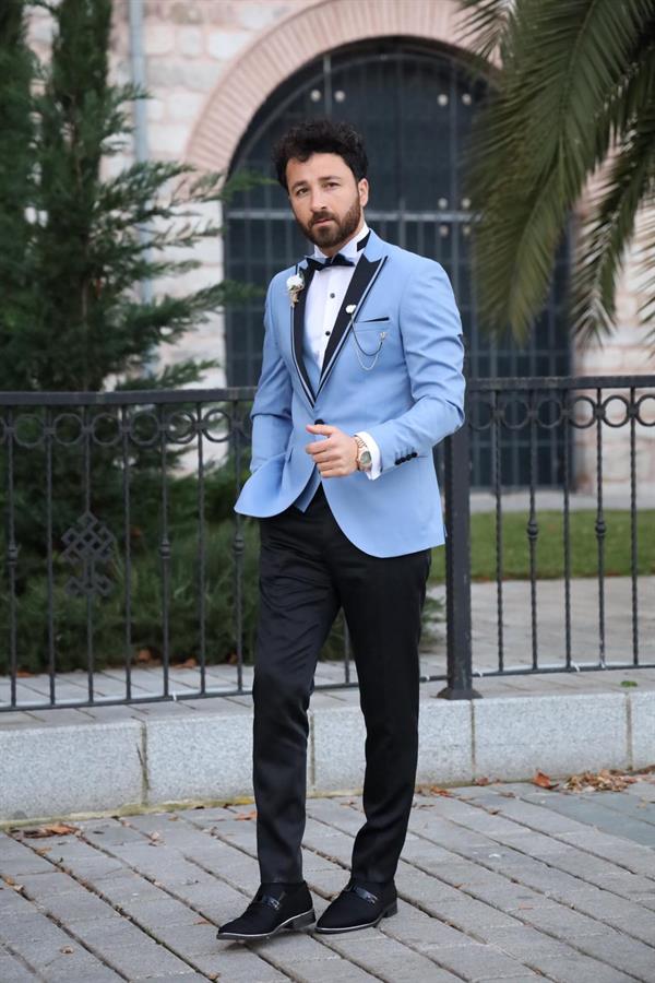 İtalyan Stil Smokin Ceket Yelek Pantolon Papyon - Buz Mavisi